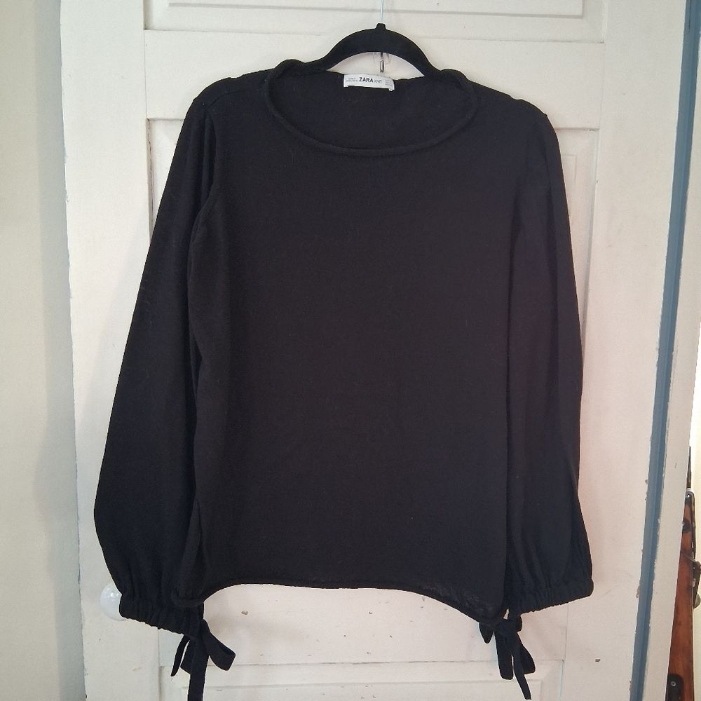 Zara Knit Women's Black Lightweight Cotton Blend Knit Top With Tie Sleeves